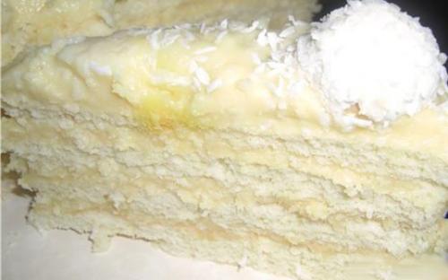 Рафаэлло – нежный белый бисквит, пропитанный кокосовым сиропом, нежный кокосовый крем с миндалём, белым шоколадом и кокосом.